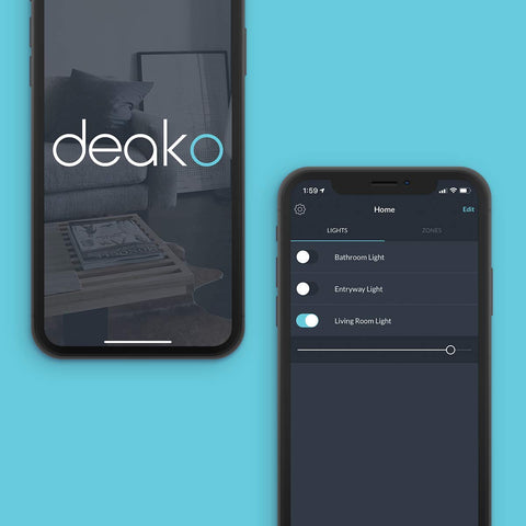 Cell phone showing the Deako App with the option to set schedules with the Smart Switch on a cerulean background