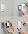 Plug-n-play. Deako Simple Dimmer switch easy installation and removal process shown in one image divided into 4 sections 