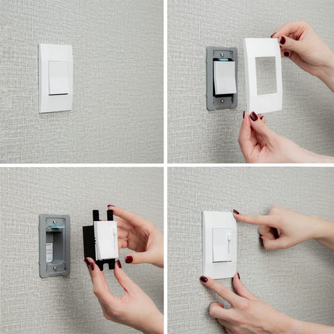 Plug-n-play. Deako Simple Dimmer switch easy installation and removal process shown in one image divided into 4 sections 